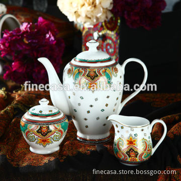 Luxury Fine Hyper White Porcelain Tea Sugar & Creamer Pot of Paisley